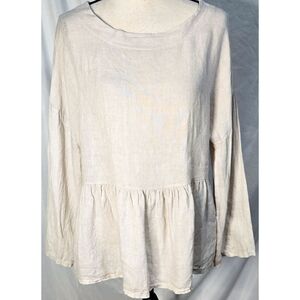 Vanessa Zani Linen Blouse Shirt Long Sleeve Ruffle Beige Lagenlook Top